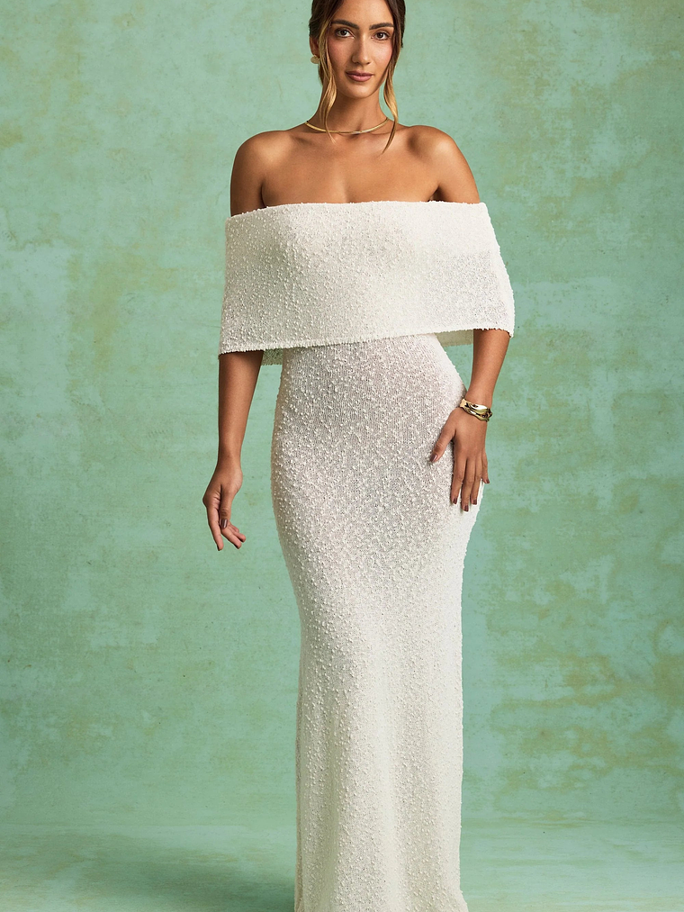 Bouclé Off-Shoulder Maxi Dress in White 6