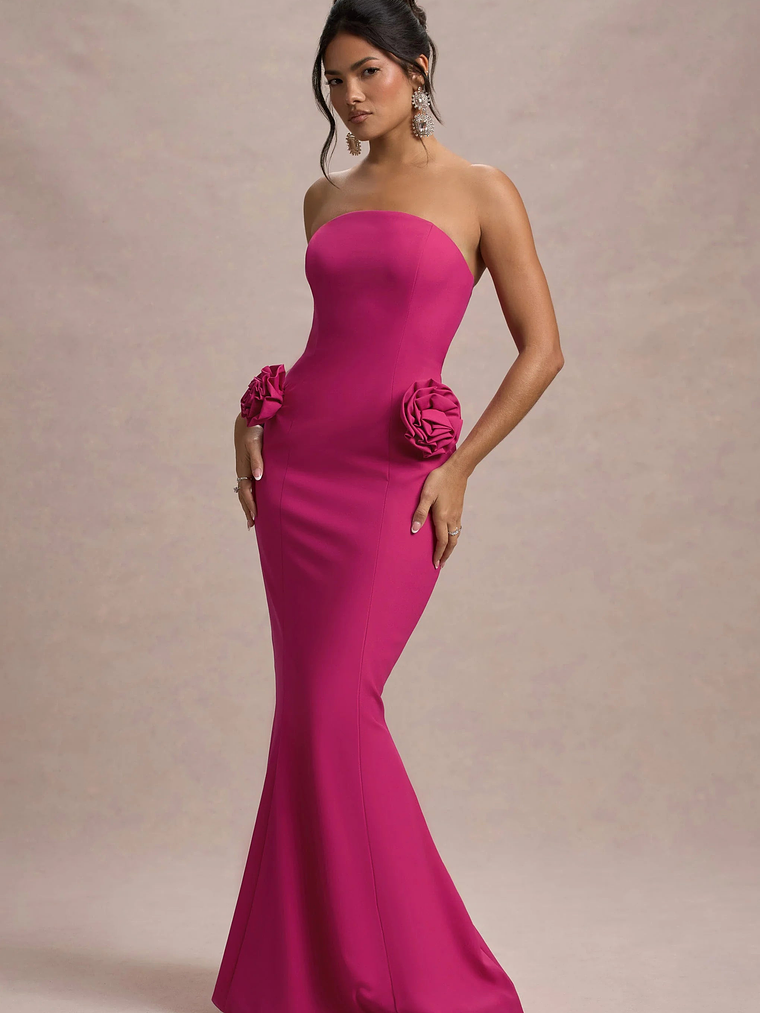 Best Of The Best | Dark Pink Strapless Fishtail Maxi Dress With Corsages 6