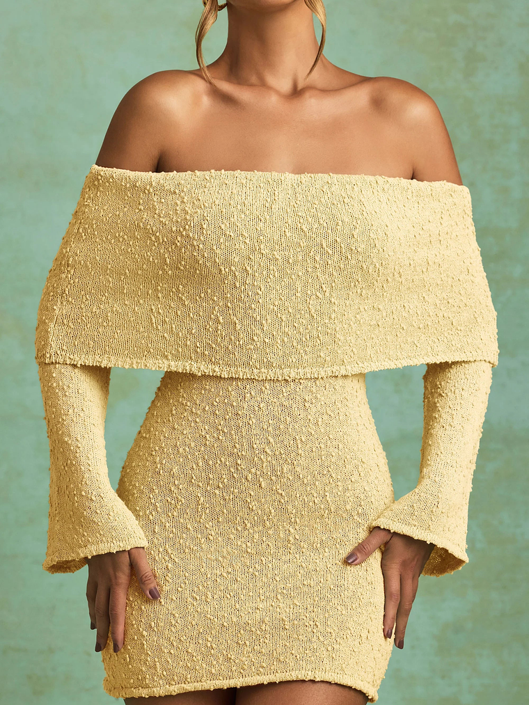 Bouclé Off-Shoulder Mini Dress in Yellow 4