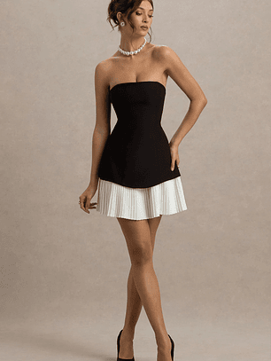 Autumn | Black & White Bandeau Mini Dress With Pleats