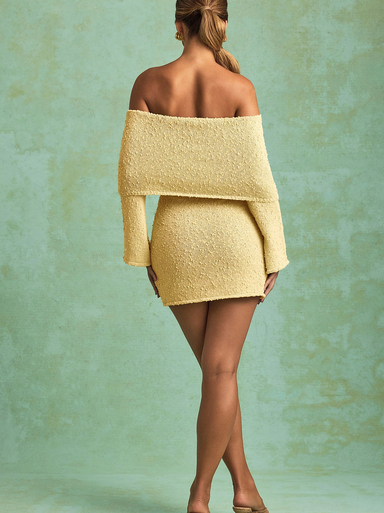 Bouclé Off-Shoulder Mini Dress in Yellow 5