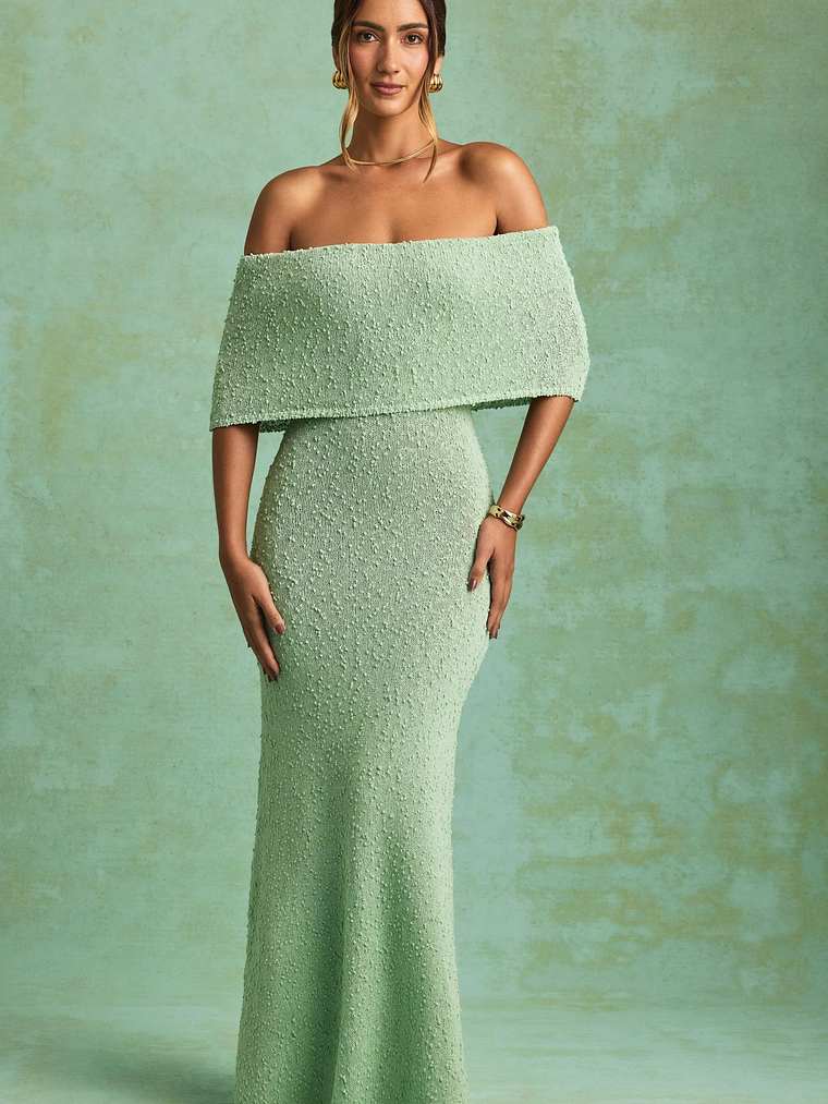 Bouclé Off-Shoulder Maxi Dress in Mint 6