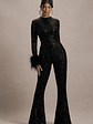 Asteroid | Black Sequin Long-Sleeve Jumpsuit With Feather Cuffs - thumbnail 6