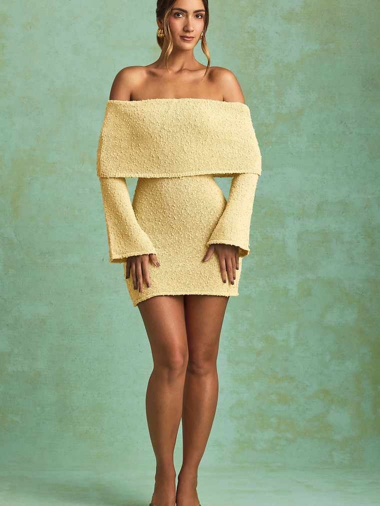 Bouclé Off-Shoulder Mini Dress in Yellow 6