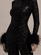 Asteroid | Black Sequin Long-Sleeve Jumpsuit With Feather Cuffs - thumbnail 7