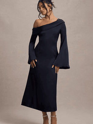 Astral | Navy Satin Asymmetric Flared-Sleeve Midi Dress