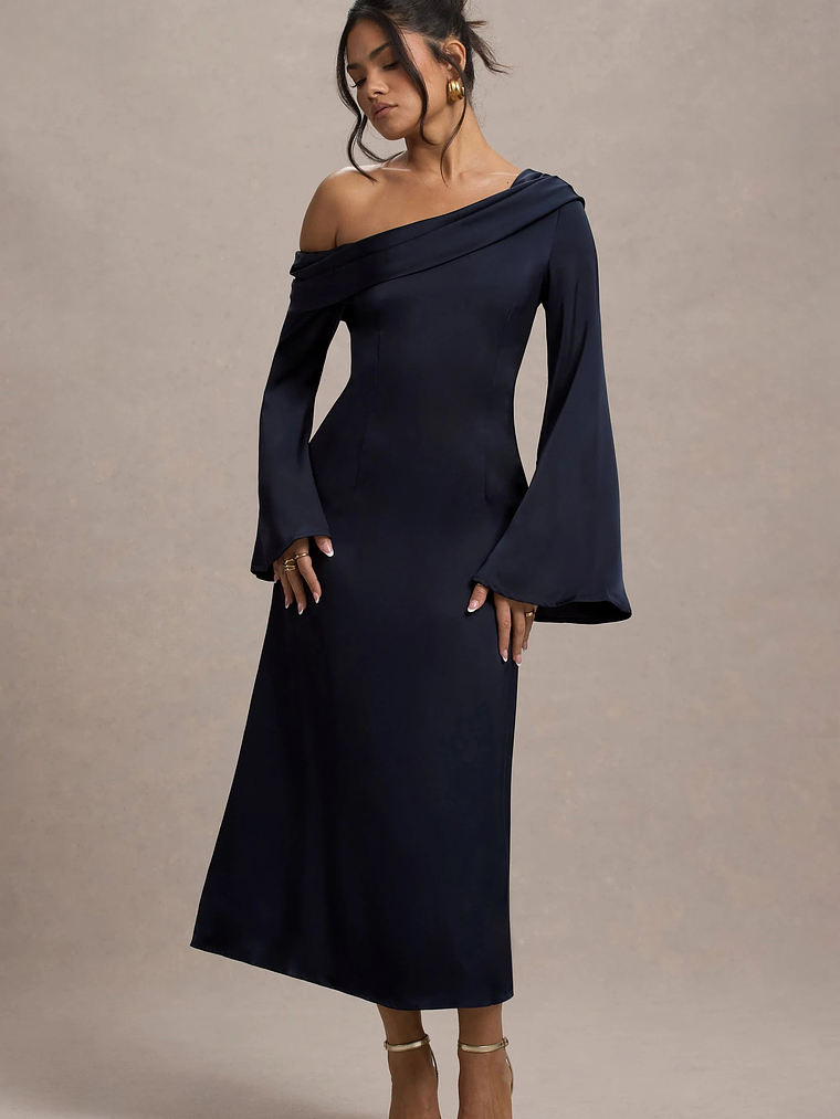Astral | Navy Satin Asymmetric Flared-Sleeve Midi Dress 1