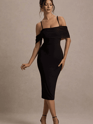 Bethan | Black Bodycon Strappy Mesh Bardot Midi Dress