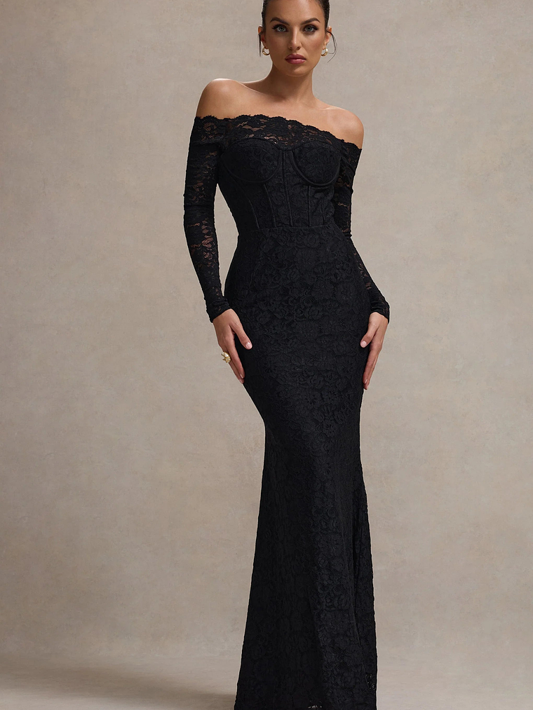 Astoria | Black Lace Bardot Maxi Dress With Chiffon Skirt 6