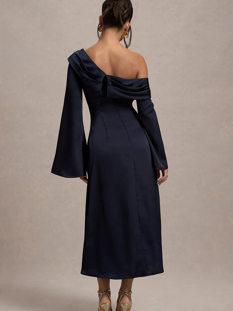 Astral | Navy Satin Asymmetric Flared-Sleeve Midi Dress 2