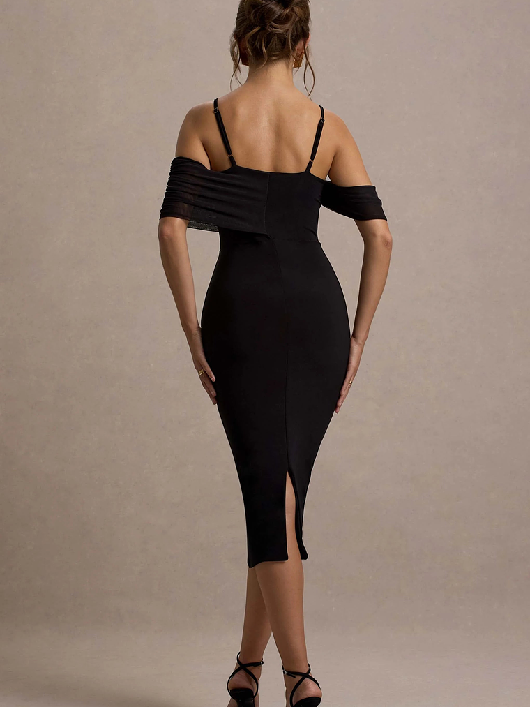 Bethan | Black Bodycon Strappy Mesh Bardot Midi Dress 2