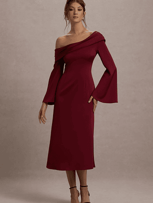Astral | Port Satin Asymmetric Flared-Sleeve Midi Dress