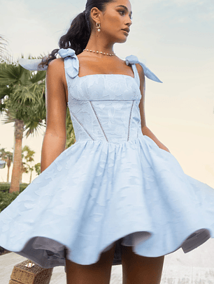 Bethani | Light Blue Skater Mini Dress With Bow Straps
