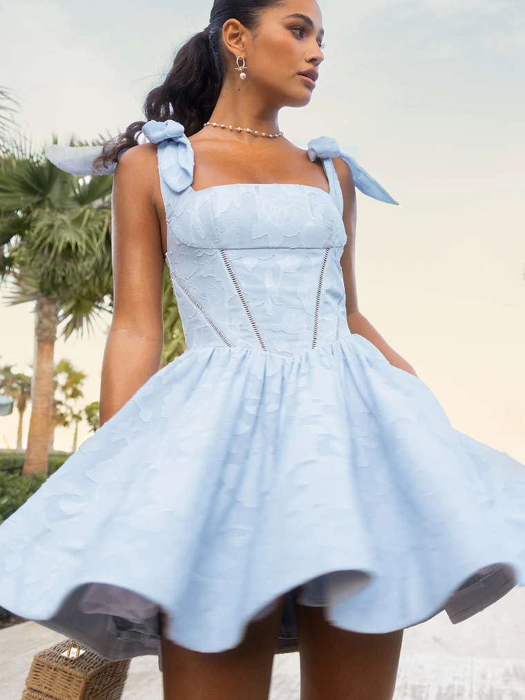 Bethani | Light Blue Skater Mini Dress With Bow Straps 1