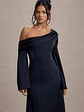 Astral | Navy Satin Asymmetric Flared-Sleeve Midi Dress - thumbnail 3