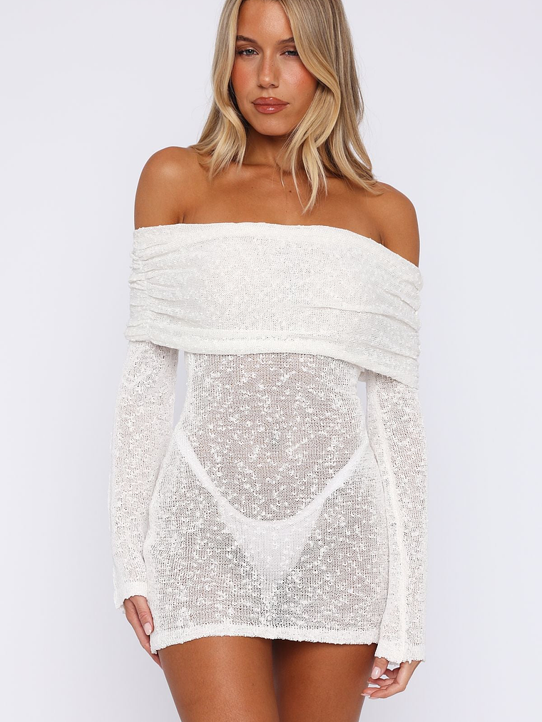 Can't Leave Me Long Sleeve Boucle Mini Dress White 2
