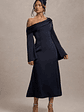 Astral | Navy Satin Asymmetric Flared-Sleeve Midi Dress - thumbnail 4