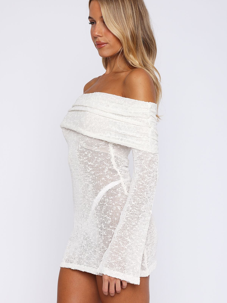 Can't Leave Me Long Sleeve Boucle Mini Dress White 3