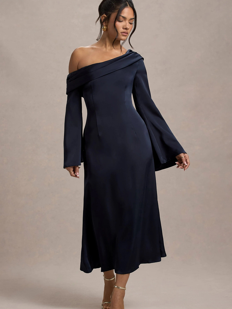 Astral | Navy Satin Asymmetric Flared-Sleeve Midi Dress 5