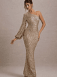 Aven | Gold Sequin Asymmetric Puff-Sleeve Maxi Dress - thumbnail 1