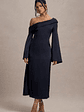 Astral | Navy Satin Asymmetric Flared-Sleeve Midi Dress - thumbnail 6