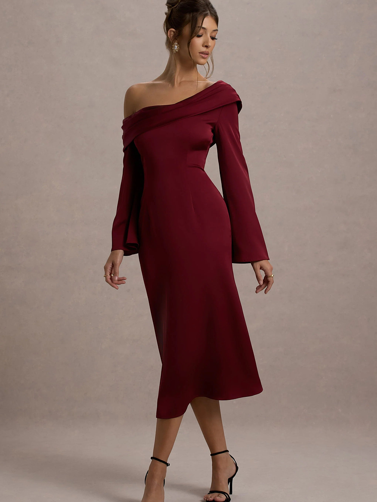 Astral | Port Satin Asymmetric Flared-Sleeve Midi Dress 4