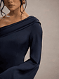 Astral | Navy Satin Asymmetric Flared-Sleeve Midi Dress - thumbnail 7