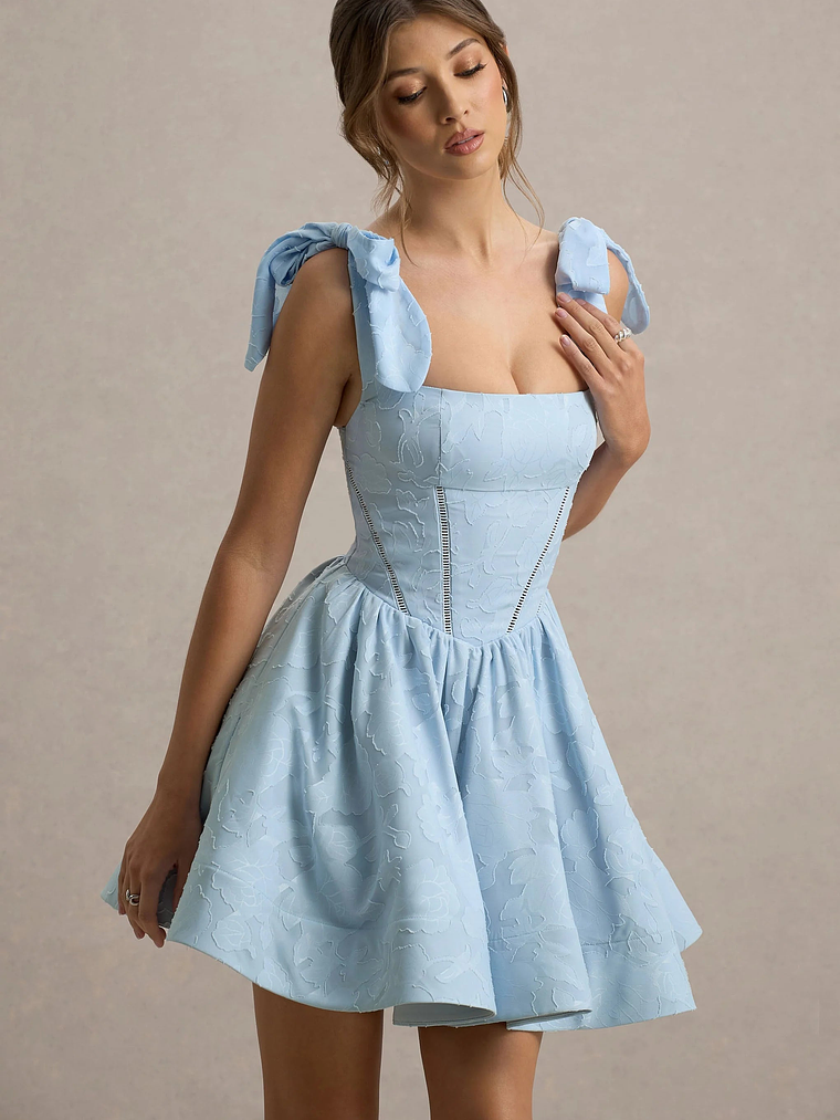 Bethani | Light Blue Skater Mini Dress With Bow Straps 4