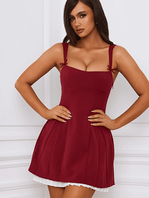 Bow-Detail Pleated A-Line Mini Dress in Berry Red