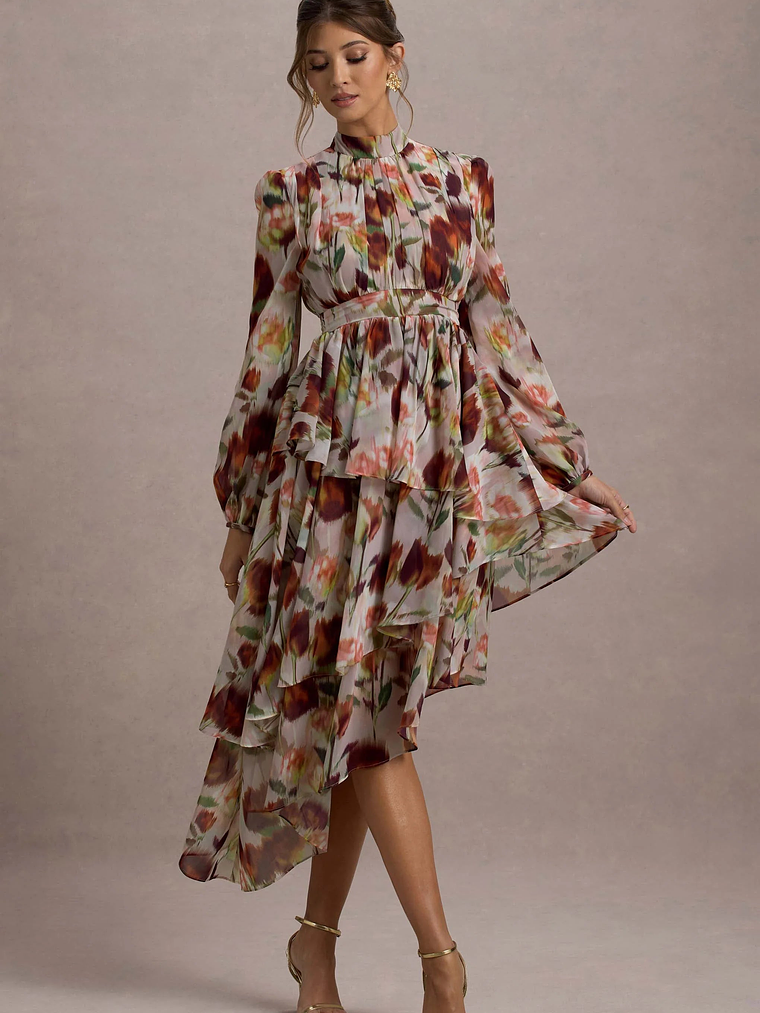 Begonia | Cream Floral Print High-Neck Tiered Chiffon Maxi Dress 1