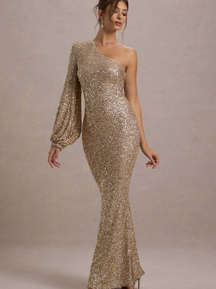 Aven | Gold Sequin Asymmetric Puff-Sleeve Maxi Dress 4