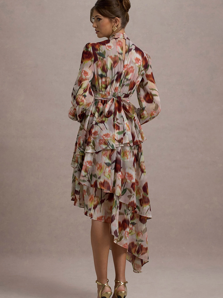 Begonia | Cream Floral Print High-Neck Tiered Chiffon Maxi Dress 2