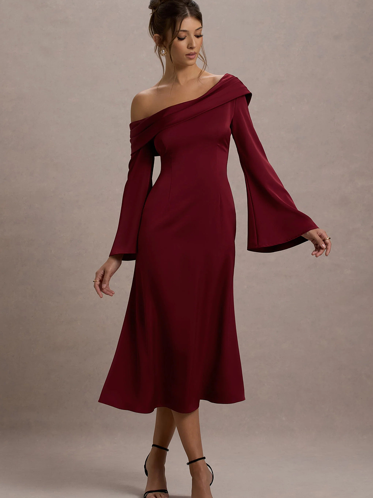 Astral | Port Satin Asymmetric Flared-Sleeve Midi Dress 6