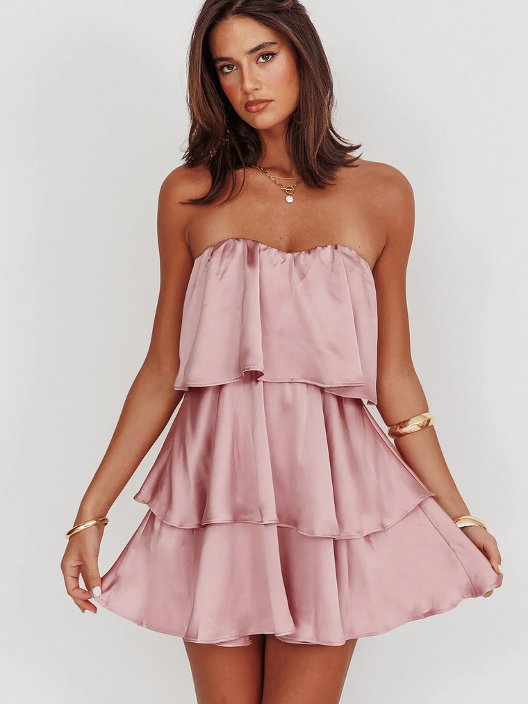 Behati Tiered Layer Strapless Dress Dusty Rose 1