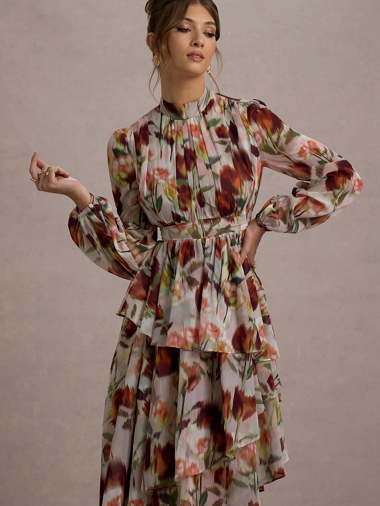Begonia | Cream Floral Print High-Neck Tiered Chiffon Maxi Dress 3