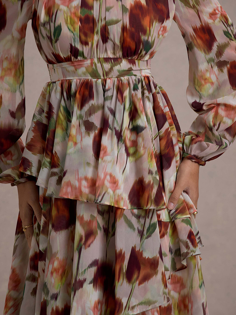 Begonia | Cream Floral Print High-Neck Tiered Chiffon Maxi Dress 4