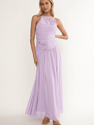 Brighten Drop Waist Flower Accent Maxi Dress Lilac