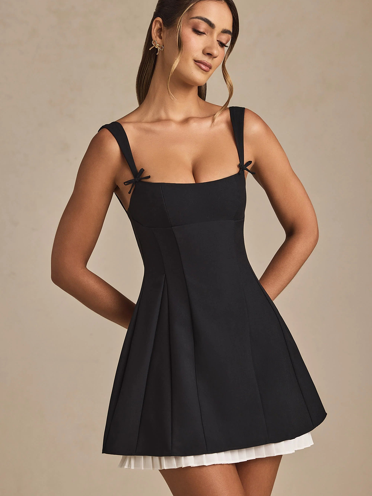 Bow-Detail Pleated A-Line Mini Dress in Black 1