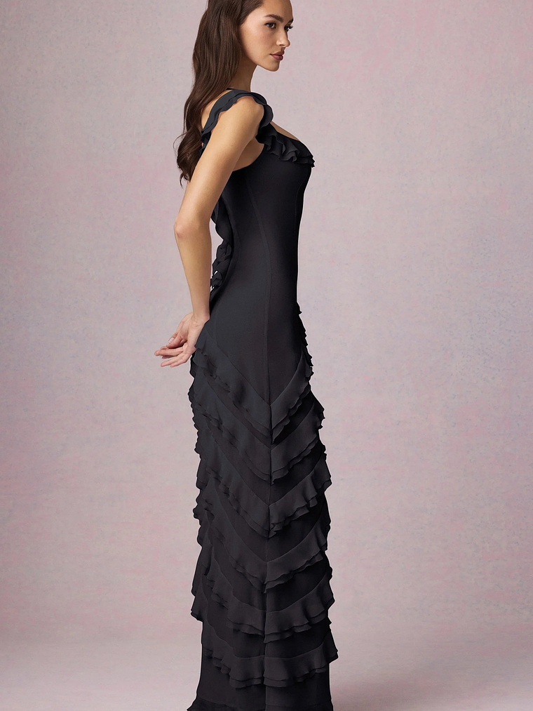 Asymmetric Ruffled Lace-Up Gown in Black 5
