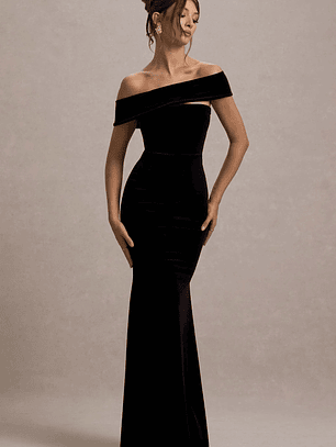 Candela | Black Velvet Asymmetric Bardot Maxi Dress