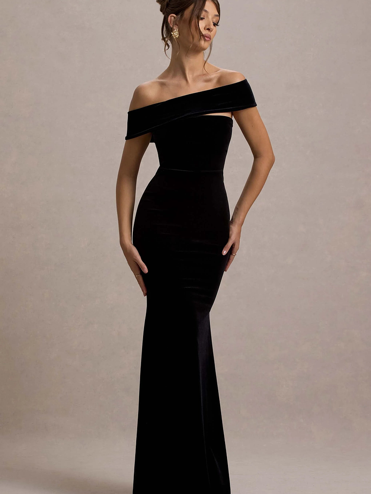 Candela | Black Velvet Asymmetric Bardot Maxi Dress 1