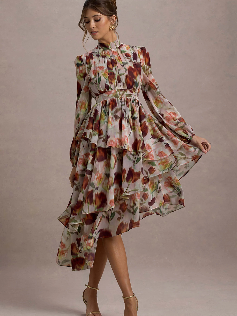 Begonia | Cream Floral Print High-Neck Tiered Chiffon Maxi Dress 5