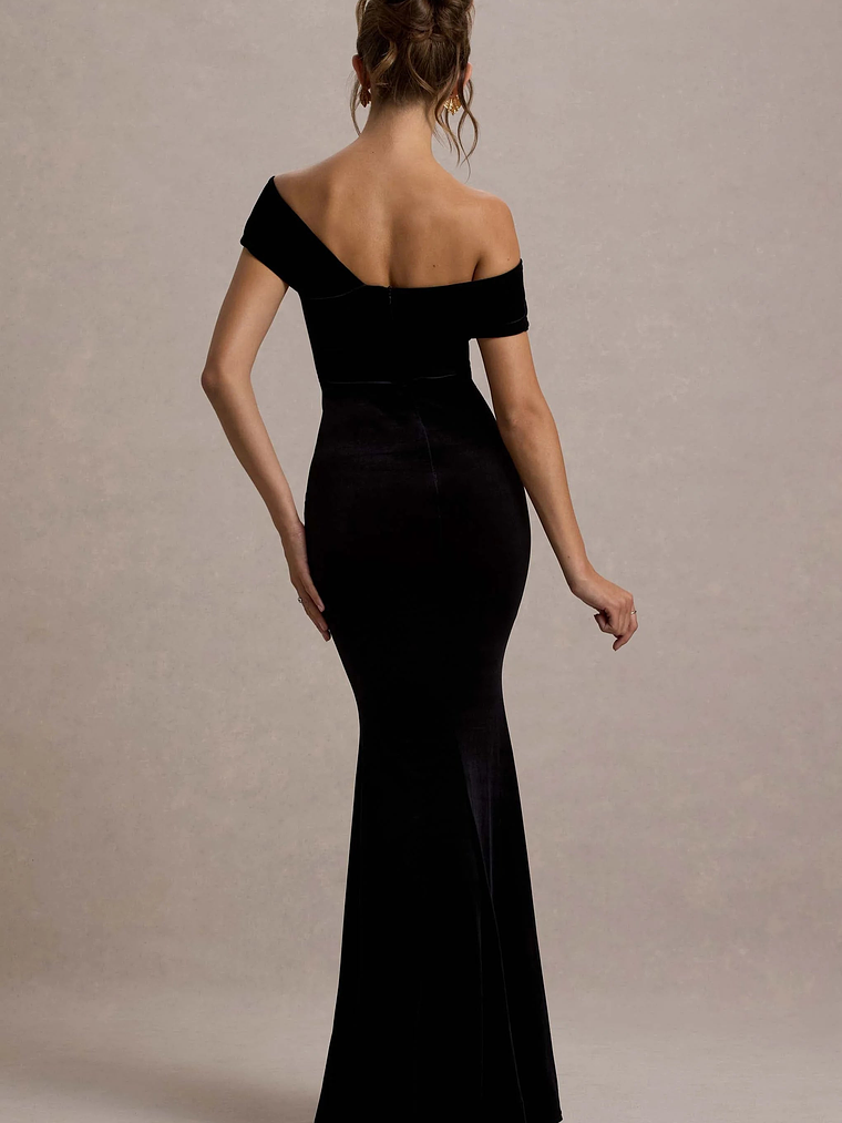 Candela | Black Velvet Asymmetric Bardot Maxi Dress 2