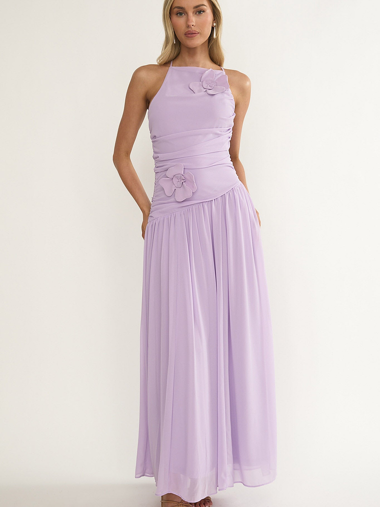Brighten Drop Waist Flower Accent Maxi Dress Lilac 4