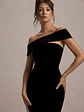 Candela | Black Velvet Asymmetric Bardot Maxi Dress - thumbnail 3