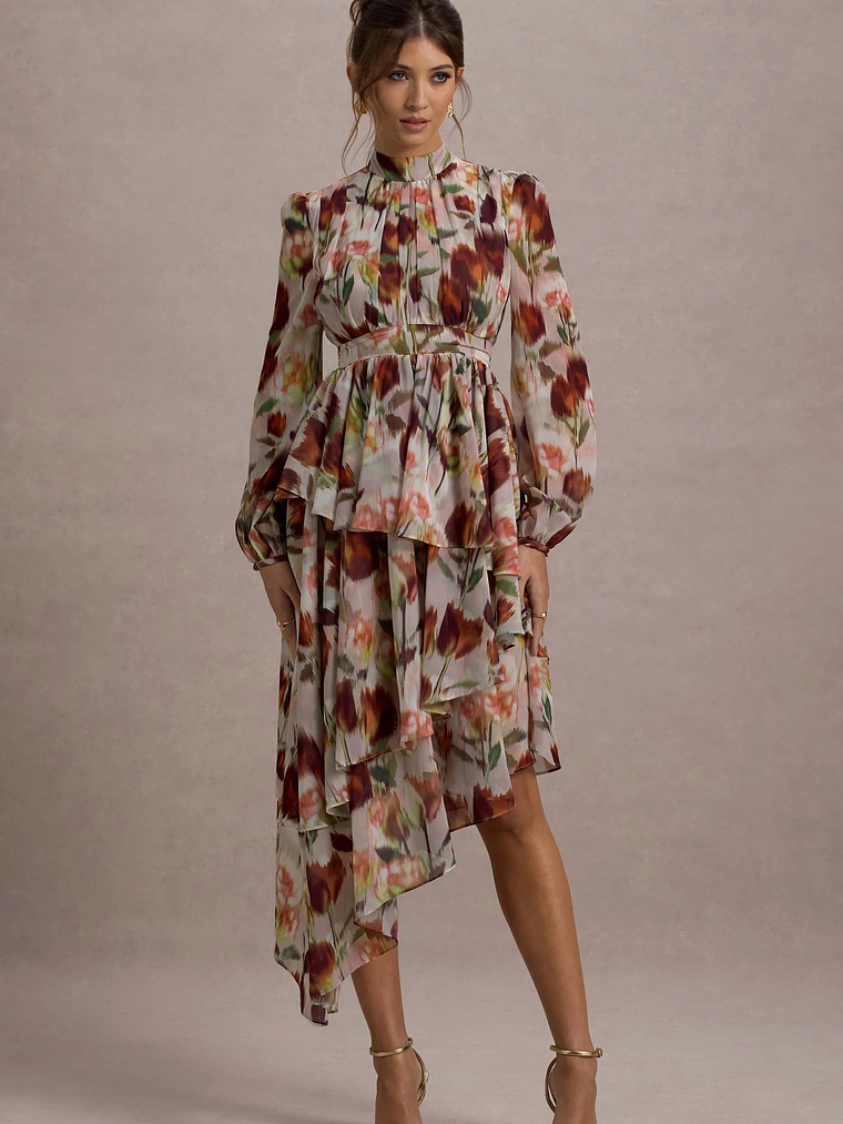 Begonia | Cream Floral Print High-Neck Tiered Chiffon Maxi Dress 6