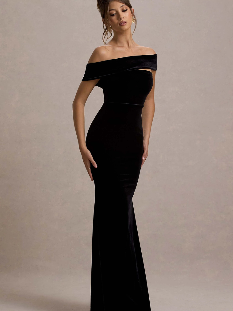 Candela | Black Velvet Asymmetric Bardot Maxi Dress 4