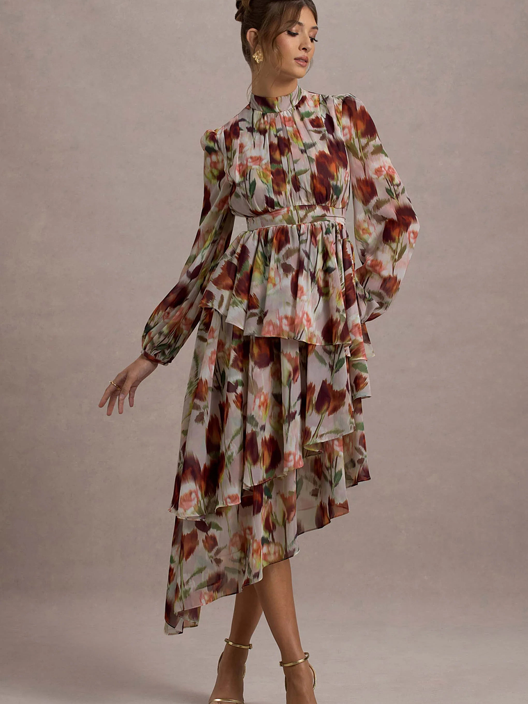 Begonia | Cream Floral Print High-Neck Tiered Chiffon Maxi Dress 7