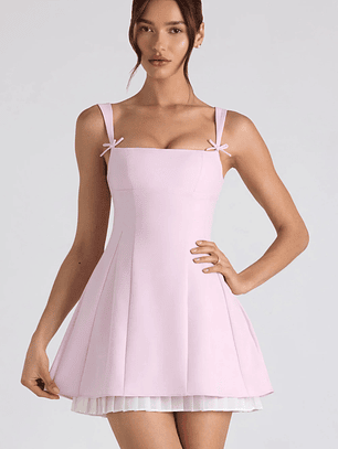 Bow-Detail Pleated A-Line Mini Dress in Soft Pink