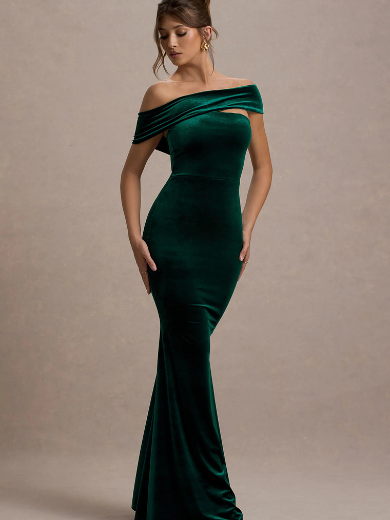 Candela | Bottle Green Velvet Asymmetric Bardot Maxi Dress 1